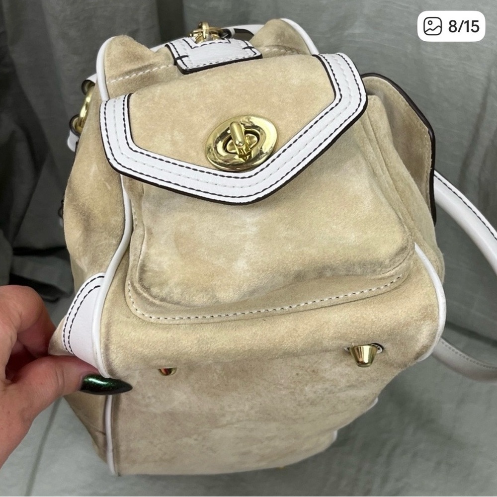 Vintage Coach Beige Suede and White Leather Handbag with Gold Accents - Picture 6 of 9